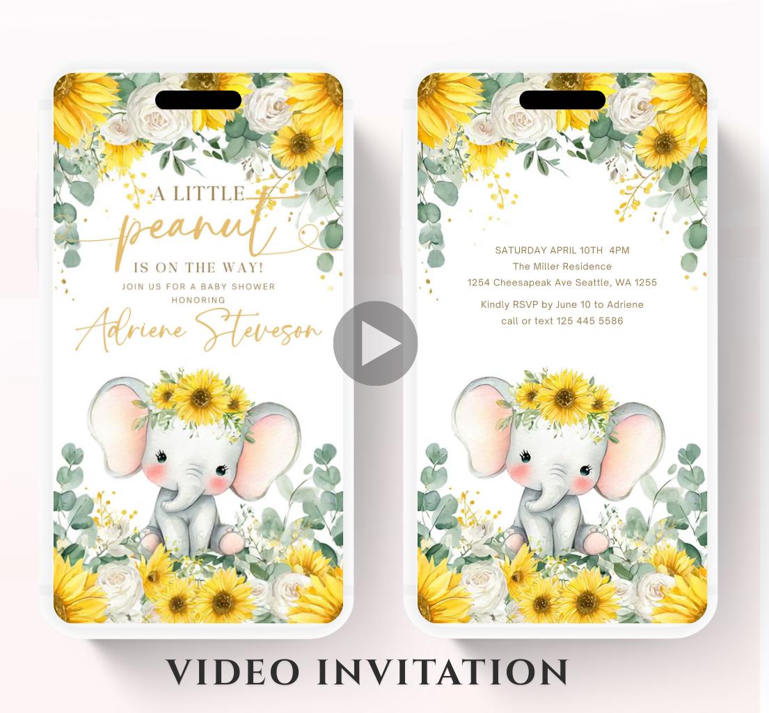 Video Sunflower Elephant Baby Shower Invitation, Summer Watercolor Floral sunflower baby shower invitaiton, Elephant baby invite-1