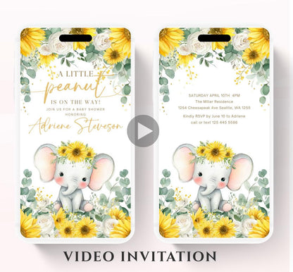 Video Sunflower Elephant Baby Shower Invitation, Summer Watercolor Floral sunflower baby shower invitaiton, Elephant baby invite-1