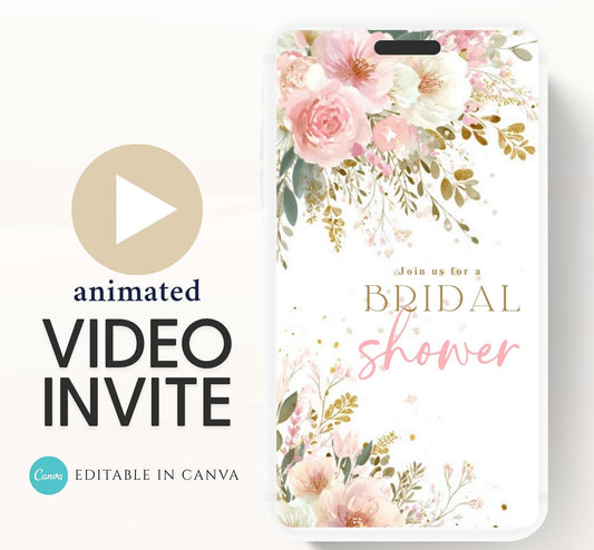 Blush Pink Bridal Shower Invitation, Video Bloom Pink Bridal Shower Invite, Editable Canva Floral Bridal Shower-4