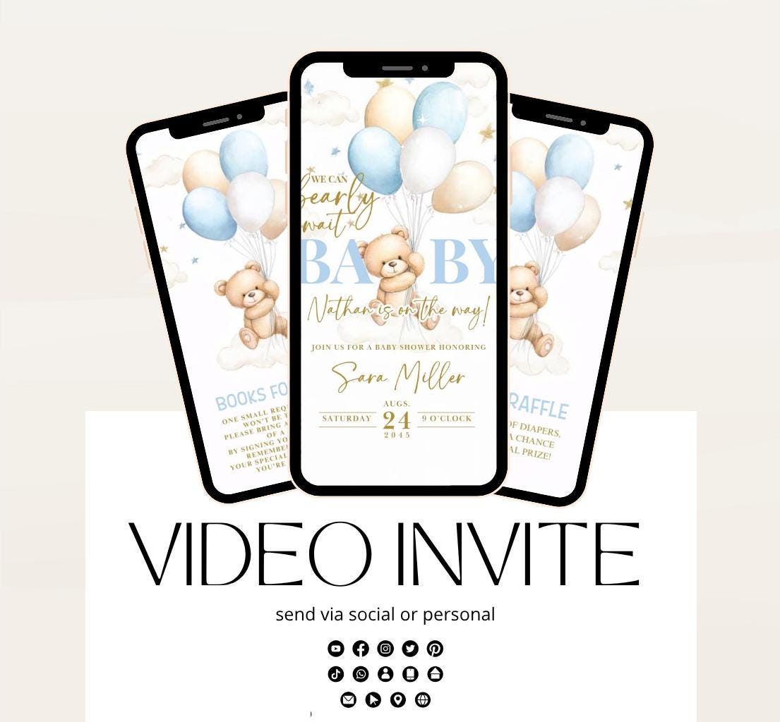 Video We Can Bearly Wait Baby Shower Invitation Teddy Bear Balloon Bear Theme Invites, Baby shower teddy bear invite animated-5