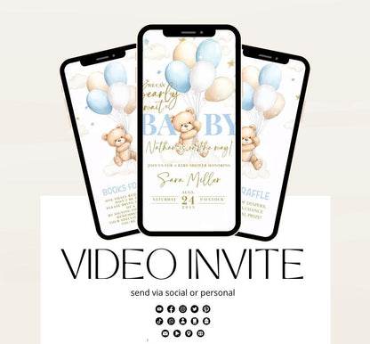Video We Can Bearly Wait Baby Shower Invitation Teddy Bear Balloon Bear Theme Invites, Baby shower teddy bear invite animated-5