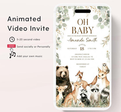 Animated Woodland Baby Shower Invitation, Boy Woodland Baby Shower Invite, Woodland Animals Baby Shower, Greenery Boho invitation Woodland-5