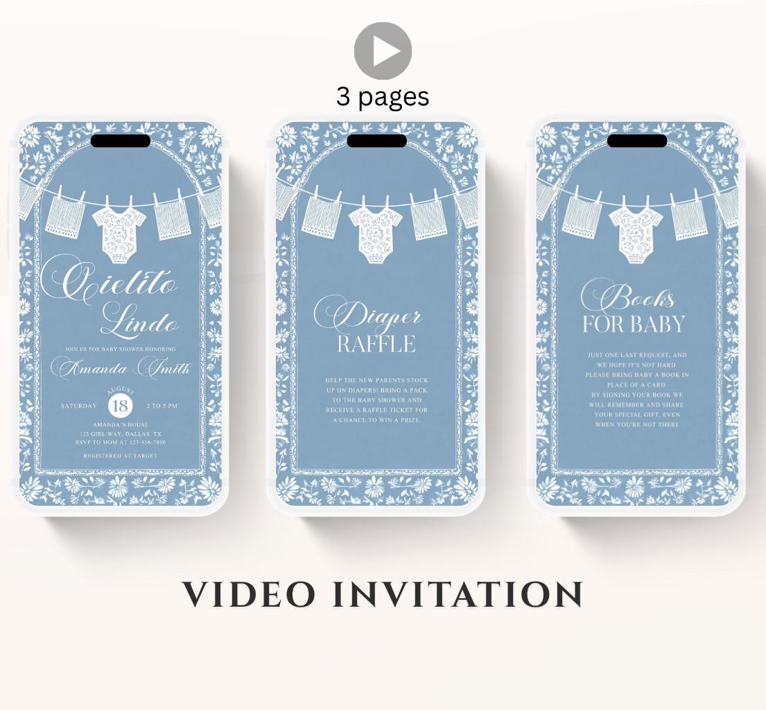 Video Cielito Lindo Baby Shower Invitation, Mexican Baby shower Editable Talavera Theme Papel Picado Invite. Dusty Blue template-1