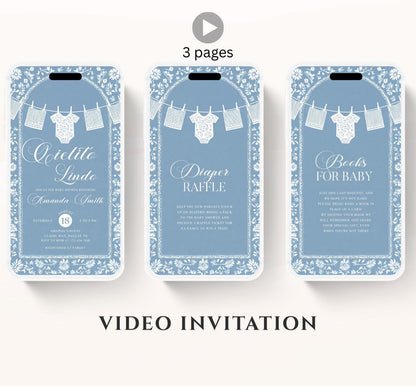 Video Cielito Lindo Baby Shower Invitation, Mexican Baby shower Editable Talavera Theme Papel Picado Invite. Dusty Blue template-1
