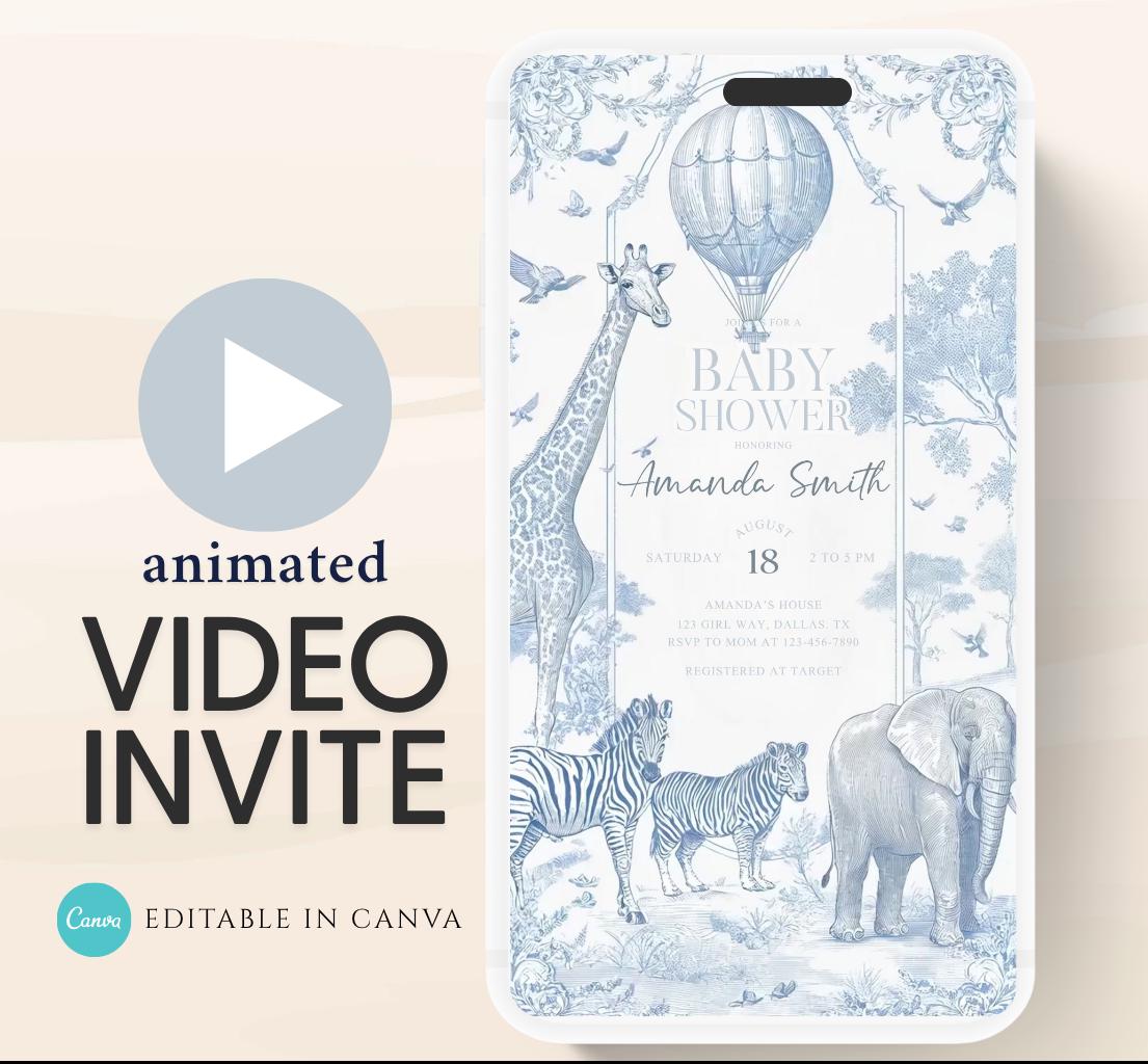 Toile de jouy Safari Baby Shower Invitation, Safari Animal Baby Boy Shower Digital Video Toile de Jouy Baby Shower Invite Safari-1
