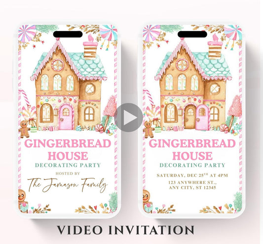 Animated Gingerbread House Birthday Party Invitation, Christmas Cookie Decorating Party Invite, Gingerbread House Contest Invitation-1