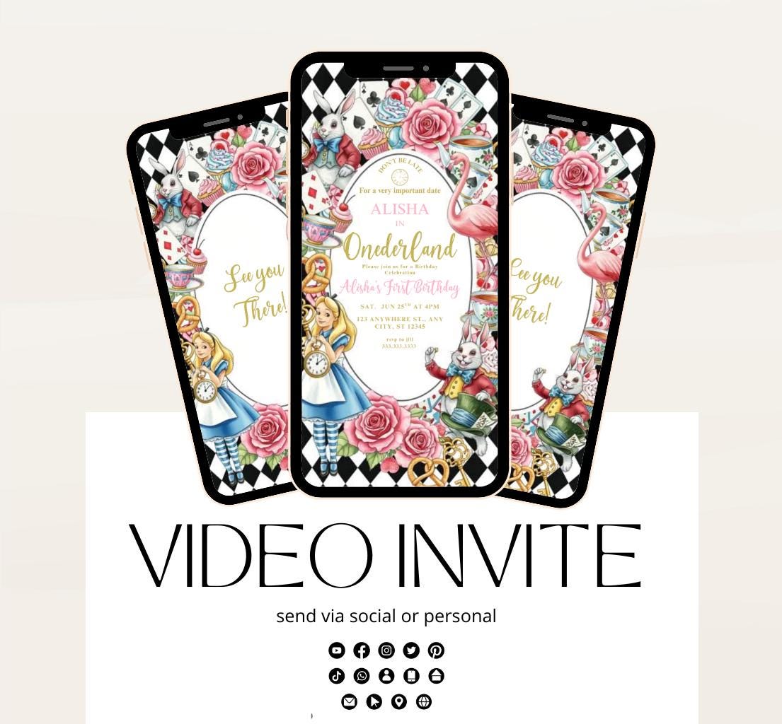 Video Wonderland birthday invitation, Alice in wonderland birthday invitation, Mad hatter first birthday, Wonderland first birthday invite