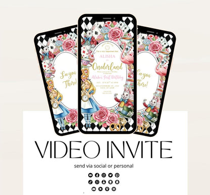Video Wonderland birthday invitation, Alice in wonderland birthday invitation, Mad hatter first birthday, Wonderland first birthday invite