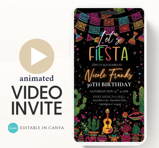 Lets Fiesta Invitation Taco invite, Digital Mexican Theme Birthday Party Invite Latin Celebration Let's Fiesta Cumpleaños Video invitation-1