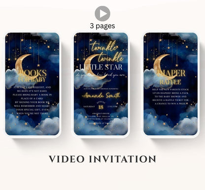Twinkle little star baby shower invitation, Blue Twinkle Twinkle Little Star Baby Shower Invitation, Moon and Stars Baby Shower, Video-1