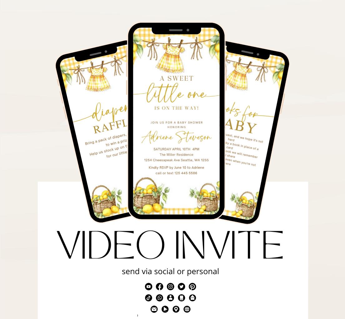 Lemon Baby Shower Invitation, Citrus Baby Shower, Lemon baby shower invite, citrus baby video invitation Boho lemon invite-1