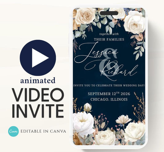 Navy blue and white florals Wedding invitation, Wedding  invitation, wedding invitation template, Video Wedding invite, wedding invite-13