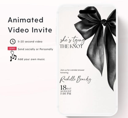 She's Tying the Knot Bridal Shower Invitation Template,Video Black Bow Bridal Shower Invite,Ribbon WeddingShower,BacheloretteParty Invite-1