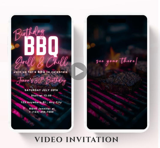 Digital Birthday BBQ Chill and Grill Invitation. Animated Barbeque Party Invite in Neon Pink. Birthday invite Video-2