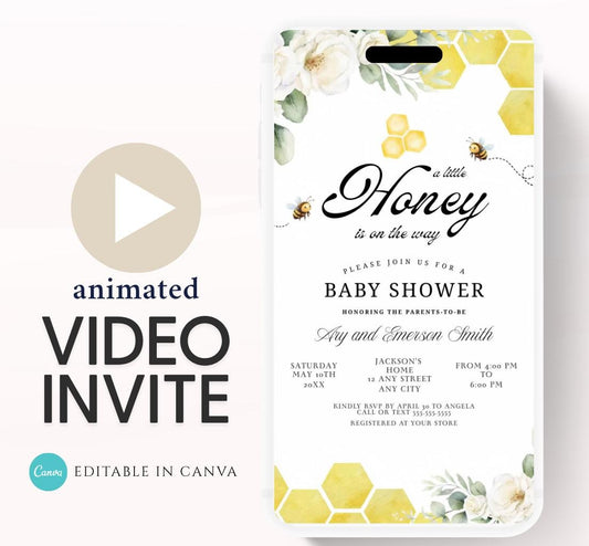 A Little Honey Is On The Way Invitation, Gender Neutral Baby Shower Invite, Bee Baby Shower Invitation, Editable Animated , 1