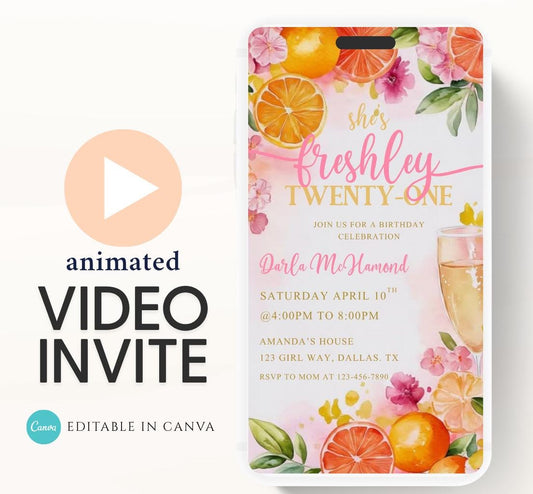 Citrus Birthday Brunch Invite. Digital Animated 21st birthday Party Invitation. Lemon Yellow and Pink Citrus Birthday Video invite-2
