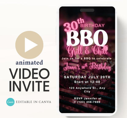 Digital Birthday BBQ Chill and Grill Invitation. Animated Barbeque Party Invite in Neon Pink. Birthday invite Video-1