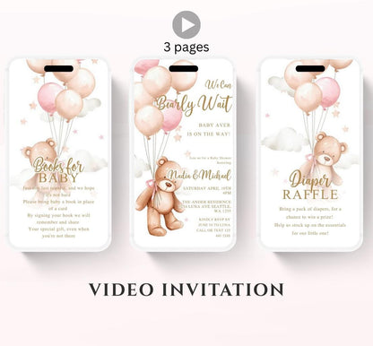 Teddy Bear Baby Shower Invitation We Can Bearly Wait Invite balloon Teddy Bear Template girl Animated video- 2