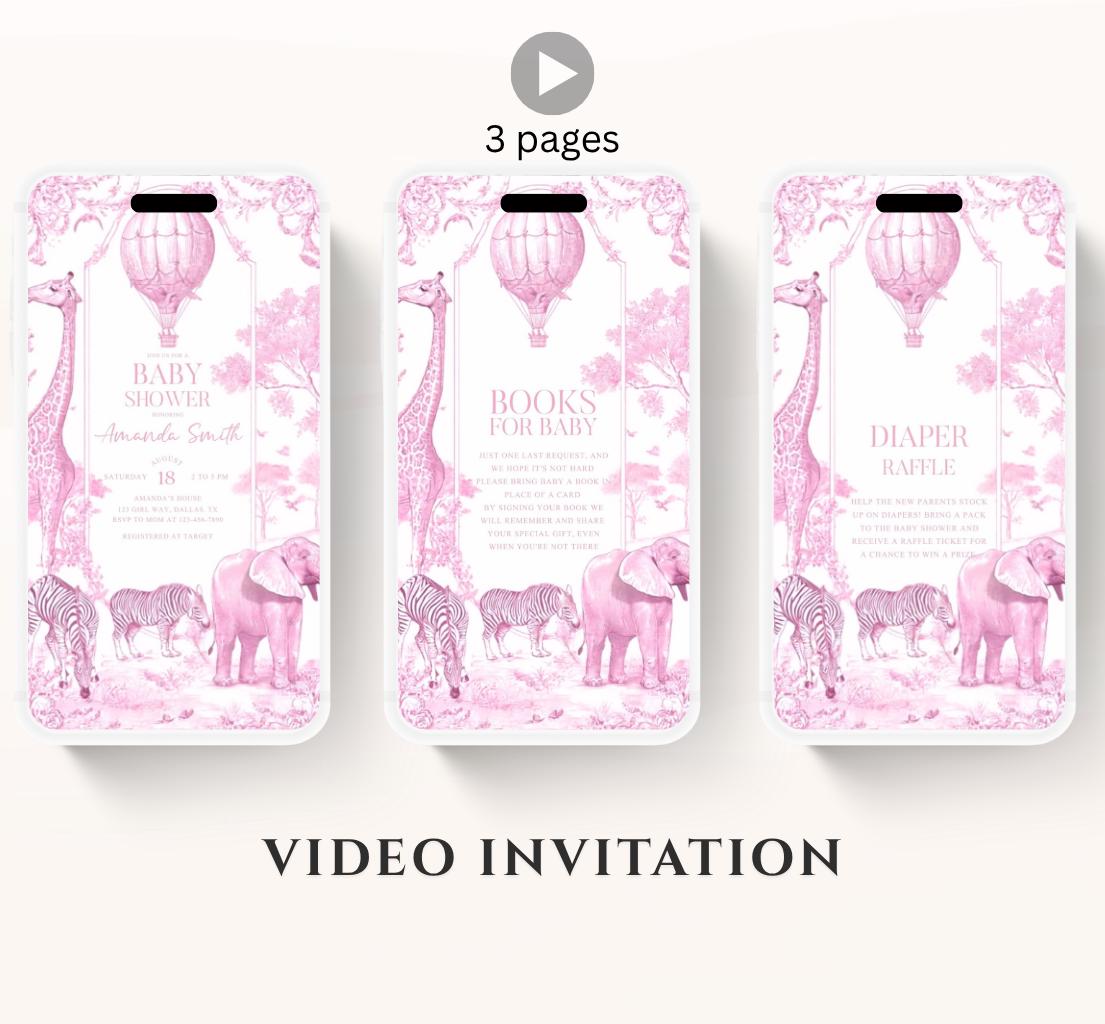 Pink Toile de jouy Safari Baby Shower Invitation, Safari Animal Baby girl Shower Digital Video Toile de Jouy Baby Shower Invite Safari-2