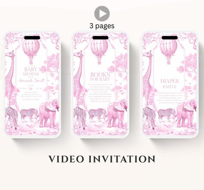 Pink Toile de jouy Safari Baby Shower Invitation, Safari Animal Baby girl Shower Digital Video Toile de Jouy Baby Shower Invite Safari-2