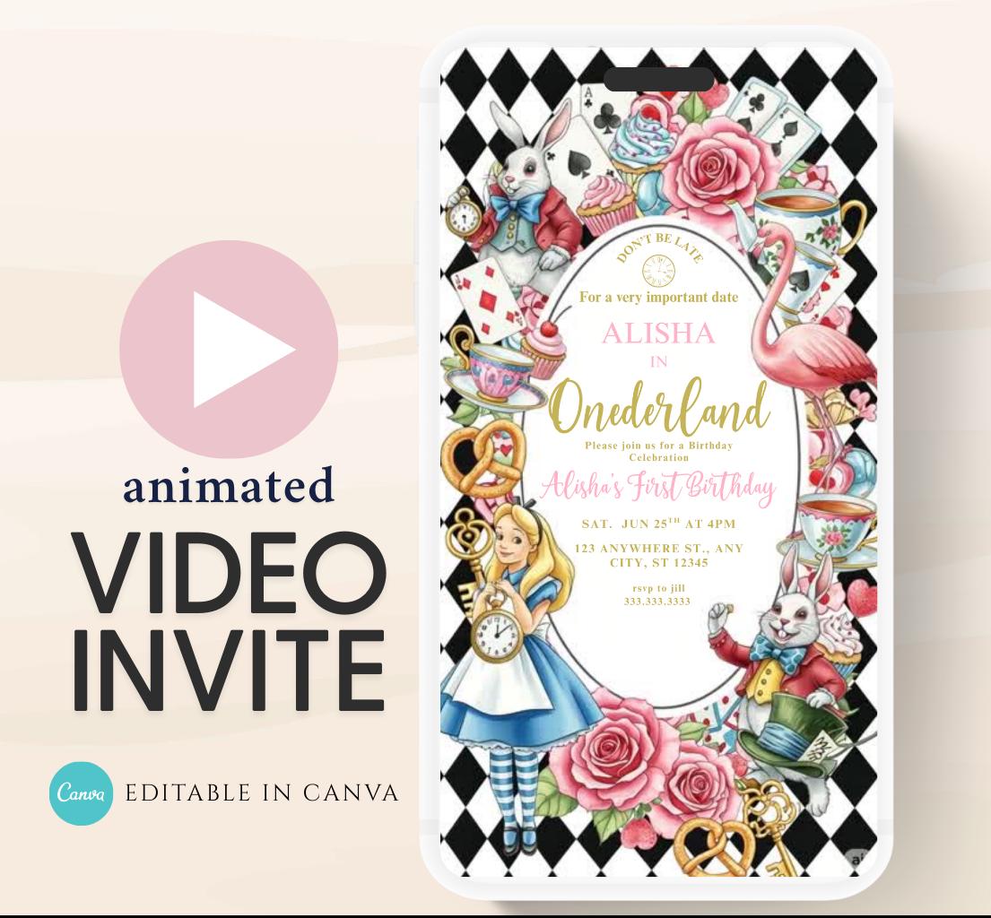 Video Wonderland birthday invitation, Alice in wonderland birthday invitation, Mad hatter first birthday, Wonderland first birthday invite