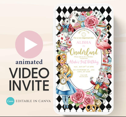 Video Wonderland birthday invitation, Alice in wonderland birthday invitation, Mad hatter first birthday, Wonderland first birthday invite