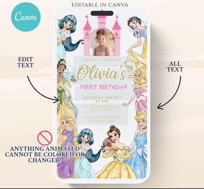 Princess Birthday Invitation, Princess Invitation, Princess Party Invitation, Girl Princesses Theme Invite Digital Editable Video invite-1
