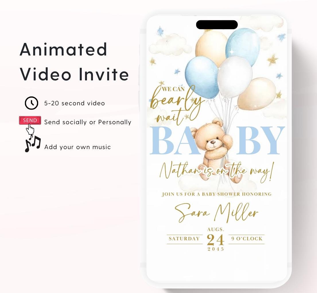 Video We Can Bearly Wait Baby Shower Invitation Teddy Bear Balloon Bear Theme Invites, Baby shower teddy bear invite animated-5
