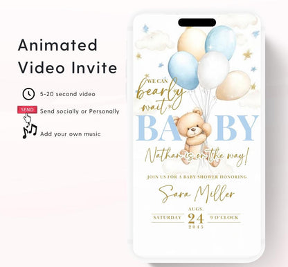 Video We Can Bearly Wait Baby Shower Invitation Teddy Bear Balloon Bear Theme Invites, Baby shower teddy bear invite animated-5