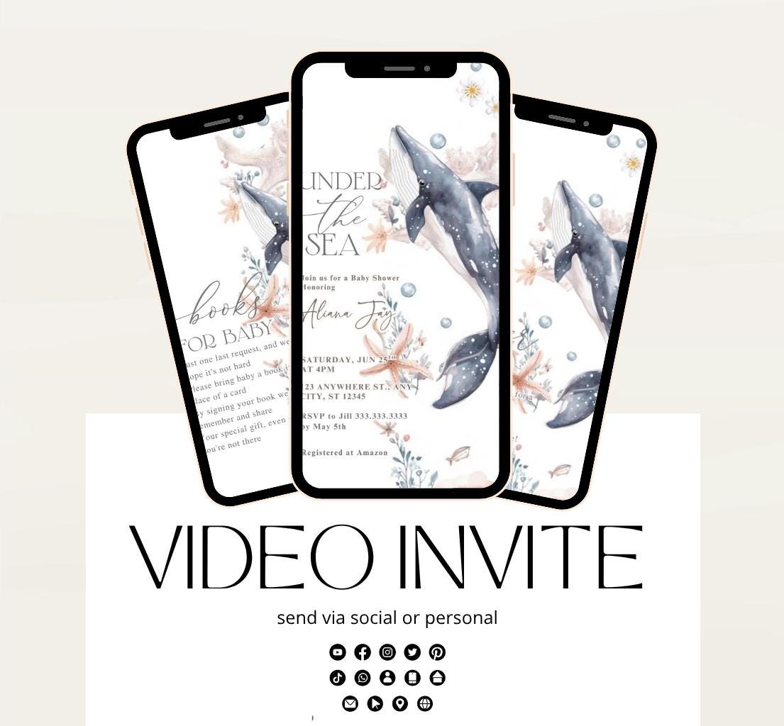 Video Under The Sea Baby Shower Invitation Bundle, Whale Nautical Baby Shower Invite Set, Sea Creatures Ocean Baby Shower Invite-1