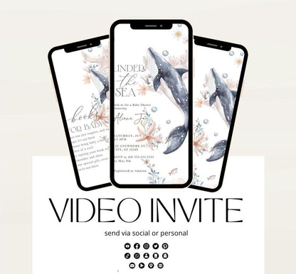 Video Under The Sea Baby Shower Invitation Bundle, Whale Nautical Baby Shower Invite Set, Sea Creatures Ocean Baby Shower Invite-1
