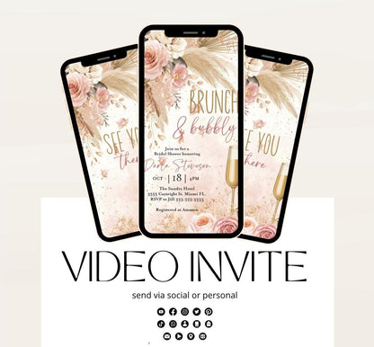 Brunch and Bubbly Bridal Shower Invitation Video, Champagne Shower Invite, Boho pink Bridal Shower Invitation, Brunch Invite-1
