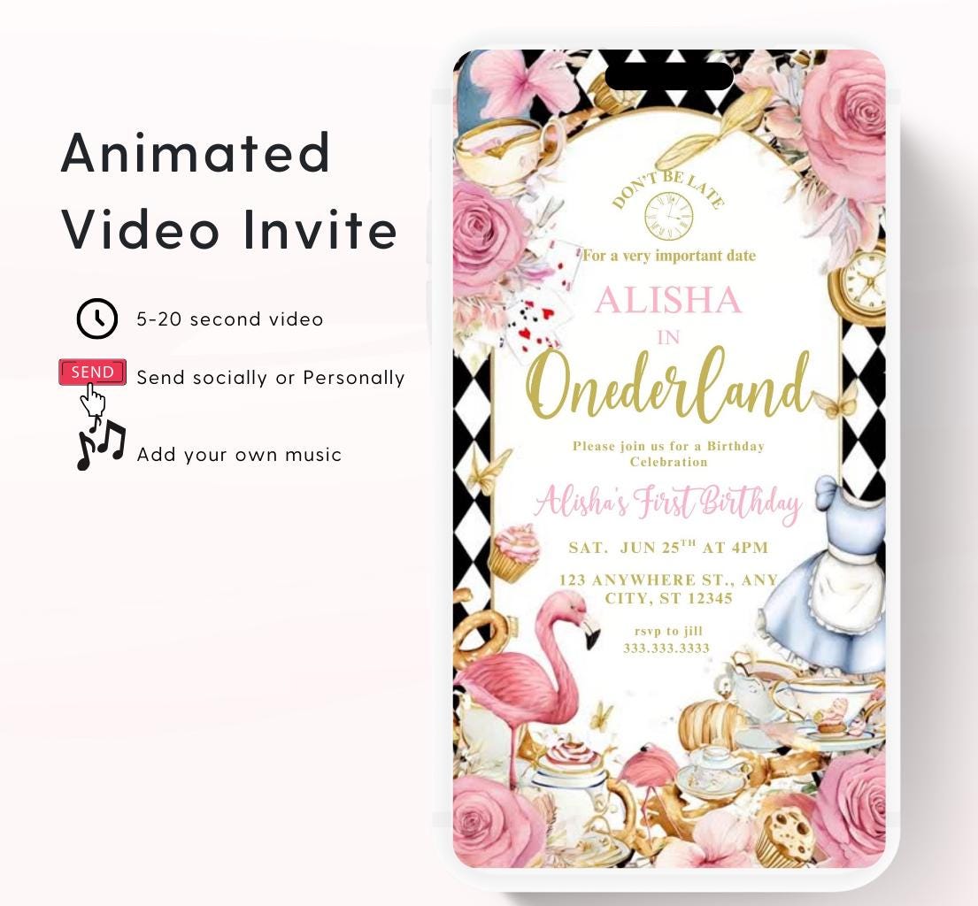 Video Wonderland birthday invitation, Alice in wonderland birthday invitation, Mad hatter first birthday, Wonderland first birthday invite-2
