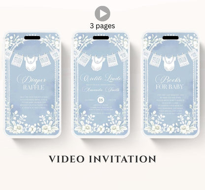 Video Cielito Lindo Baby Shower Invitation, Mexican Baby shower Editable Talavera Theme Papel Picado Invite. Dusty Blue template-2