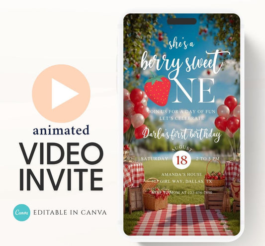 Berry Sweet First Birthday Invitation Video, Strawberry 1st Birthday Invite, Girls 1st Birthday Invitation, Printable Strawberry Invite-1