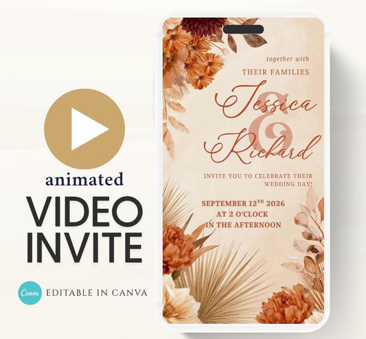 Animated Wedding invitation, Wedding Boho Terracotta Pampas invitation, wedding invitation template, Video Wedding invite, wedding invite-9