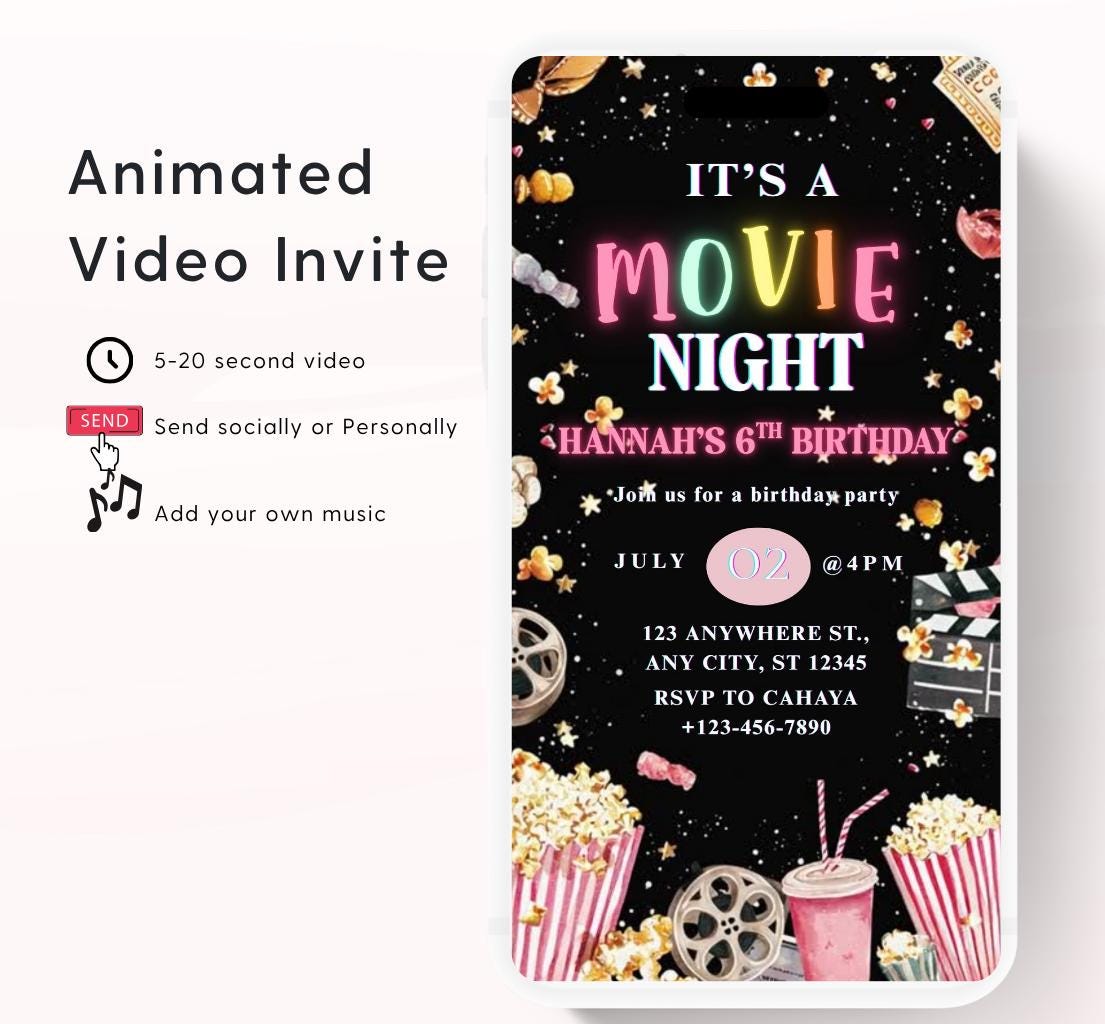 Movie Night Birthday Invitation, Movie Party Invitation, Cinema Invitation, Editable Kids Birthday Invitation Backyard movie night Video-1