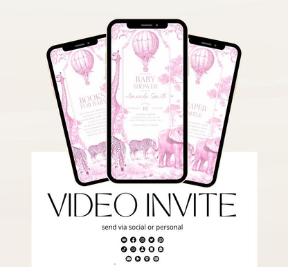 Pink Toile de jouy Safari Baby Shower Invitation, Safari Animal Baby girl Shower Digital Video Toile de Jouy Baby Shower Invite Safari-2
