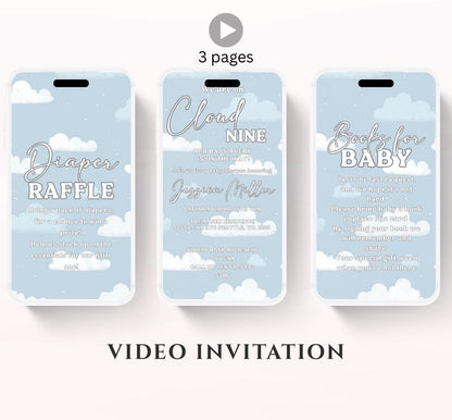 Video On Cloud 9 Baby Shower Invitation Blue Cloud Nine Boy Shower Invite We're on Cloud Nine Party Invite Printable Animated