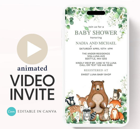 Animated Woodland Baby Shower Invitation, Boy Woodland Baby Shower Invite, Woodland Animals Baby Shower, Greenery Woodland-1