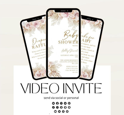 Boho Baby Shower Invitation, Boho Floral Baby Shower, Baby Girl Baby Shower Invite, pampas Invitation, Boho Baby Invitation Animated-1