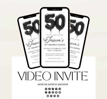 Animated 50th Evite Birthday for Adult Invite, Modern 50th Birthday Invite, Digital Animated Balloon Digital 50th Birthday-1