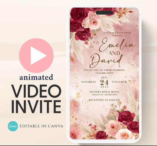 Pink and red floral Wedding invitation, Wedding  invitation, wedding invitation template, Video Wedding invite, wedding invite-16