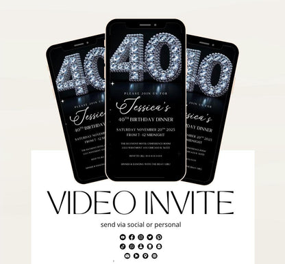 Animated 40th Evite Birthday for Adult Invite, Modern 40th Birthday Invite, Digital Animated Diamond Digital 40th Birthday-1