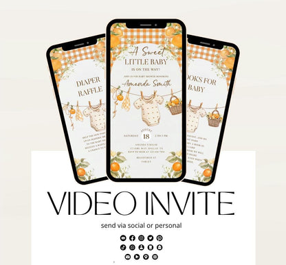 A Little Cutie Baby Shower Invitation, Gender Neutral Baby Shower Invite, Oranges cutie baby shower Video invitation-2