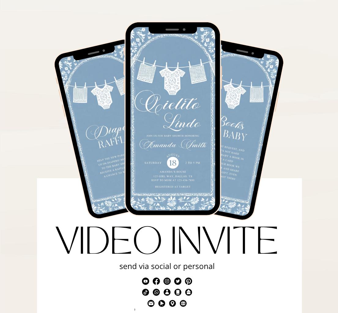 Video Cielito Lindo Baby Shower Invitation, Mexican Baby shower Editable Talavera Theme Papel Picado Invite. Dusty Blue template-1