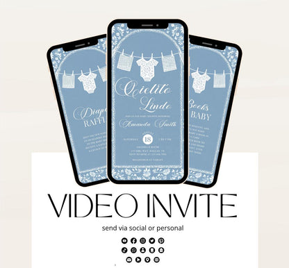 Video Cielito Lindo Baby Shower Invitation, Mexican Baby shower Editable Talavera Theme Papel Picado Invite. Dusty Blue template-1