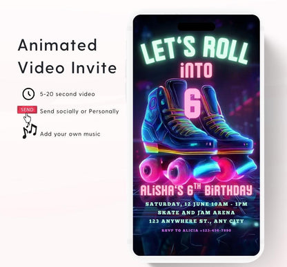 Roller Skating Birthday Invitation, Skate Party Birthday Invite, Roller Skating, Retro Neon Lights, Rollerblade Skate Rink Editable Video-2