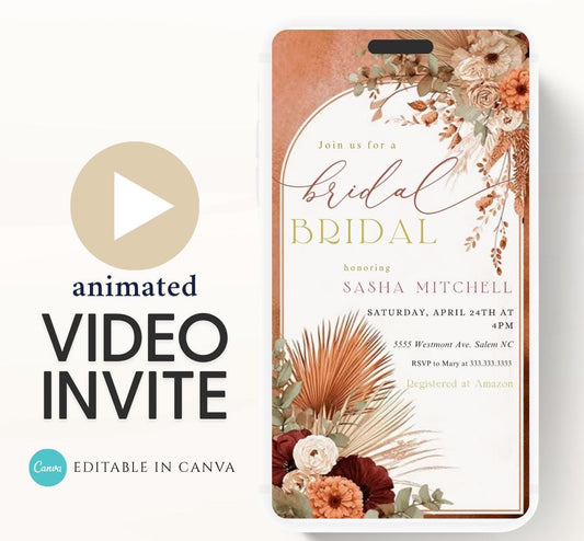 Video Bridal Shower Invitation Template, Pampas & Floral, Bridal shower fall, Boho, Arch, Palm Leaf, Rust, Burnt Orange, Terracotta-1