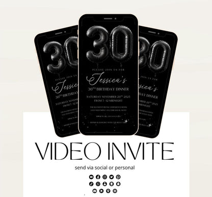 Animated 30th Evite Birthday for Adult Invite, Modern 30th Birthday Invite, Digital Animated Black balloons Digital 30th Birthday-3